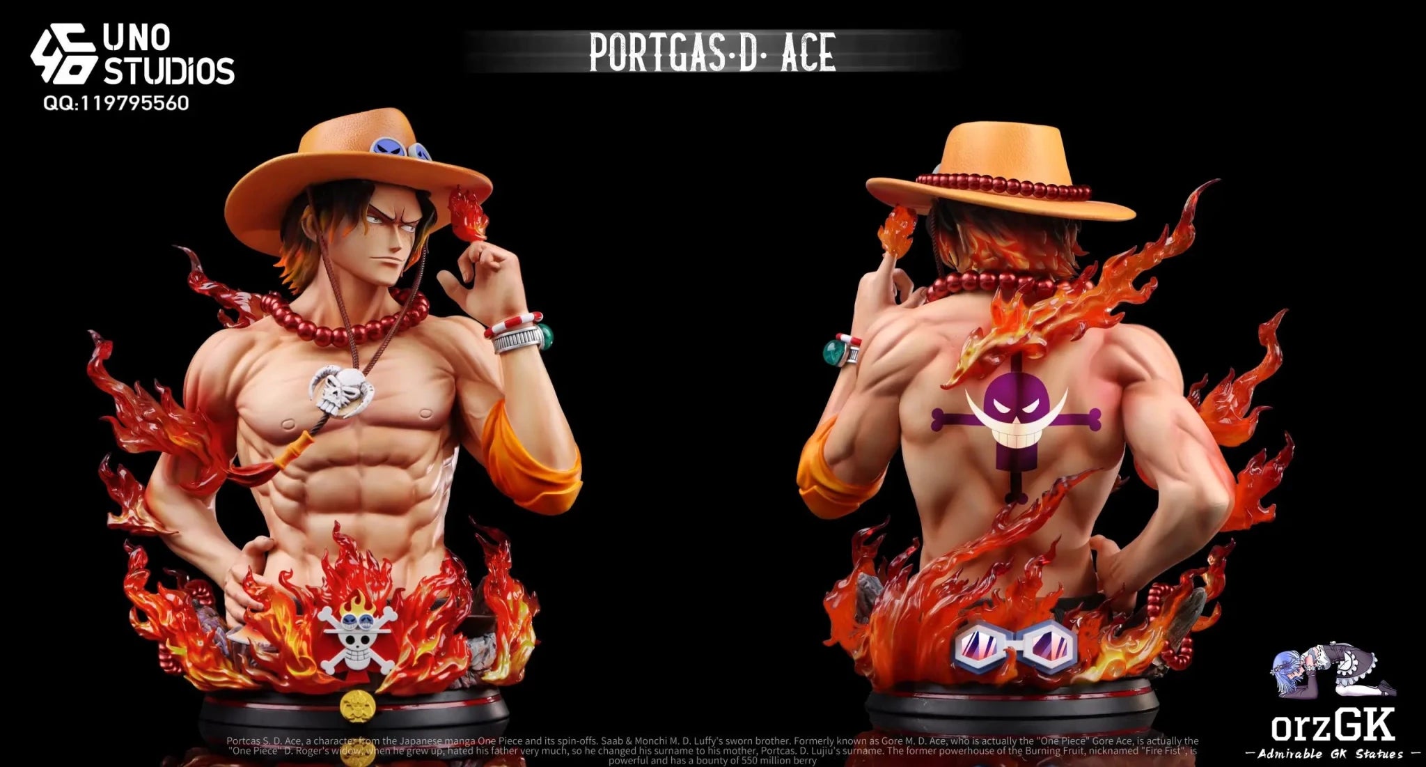 UNO Studio - One Piece 1/4 Portgas D. Ace Bust resin statue Navy Toys anime figure