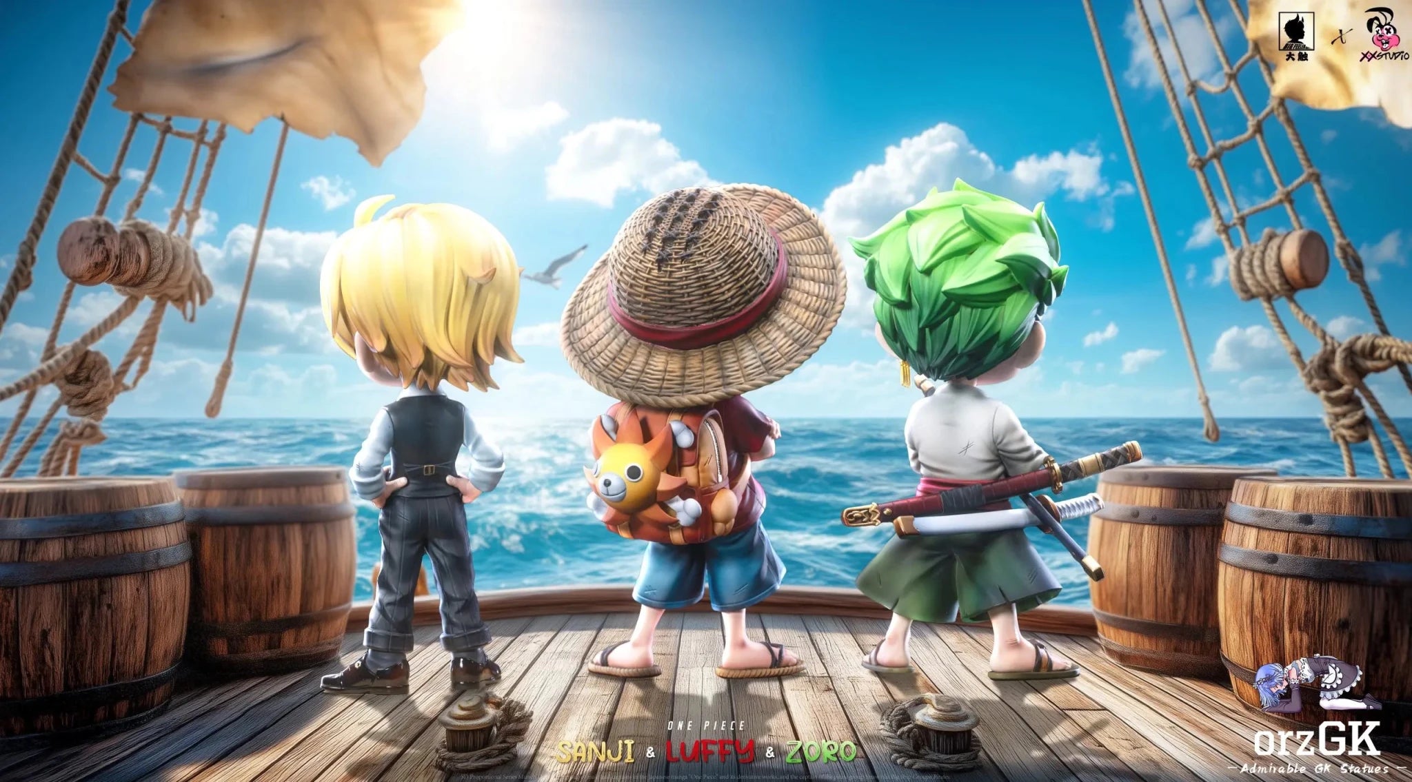 Big Feeler Studio & XOX Studio - One Piece Q version The Three Strongest Luffy & Zoro & Sanji resin statue Navy Toys anime figure