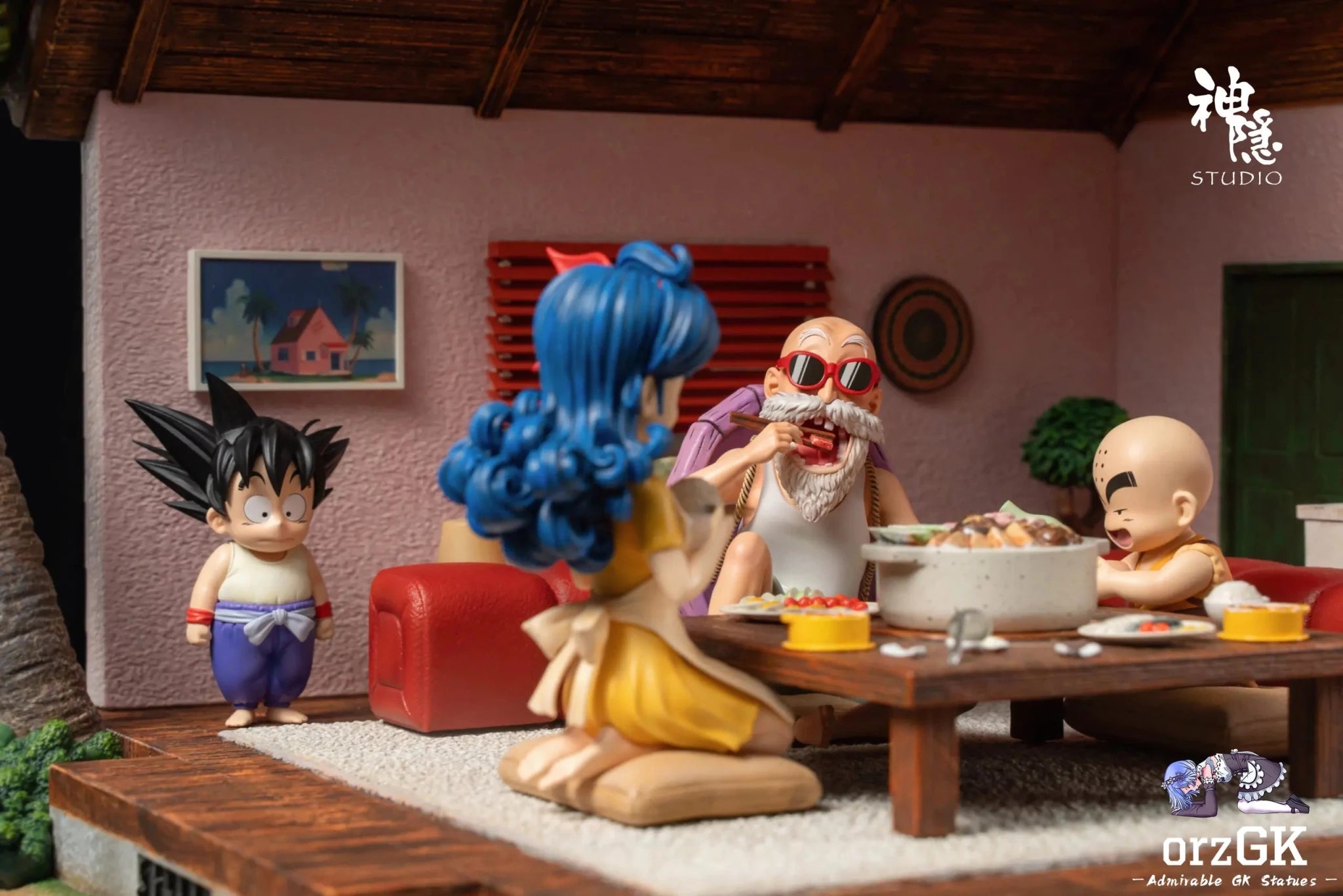 Shen Yin Studio - Dragon Ball Food Series Kame House is open for dinner Son Goku & Master Roshi & Launch & Kuririn resin statue Navy Toys anime figure
