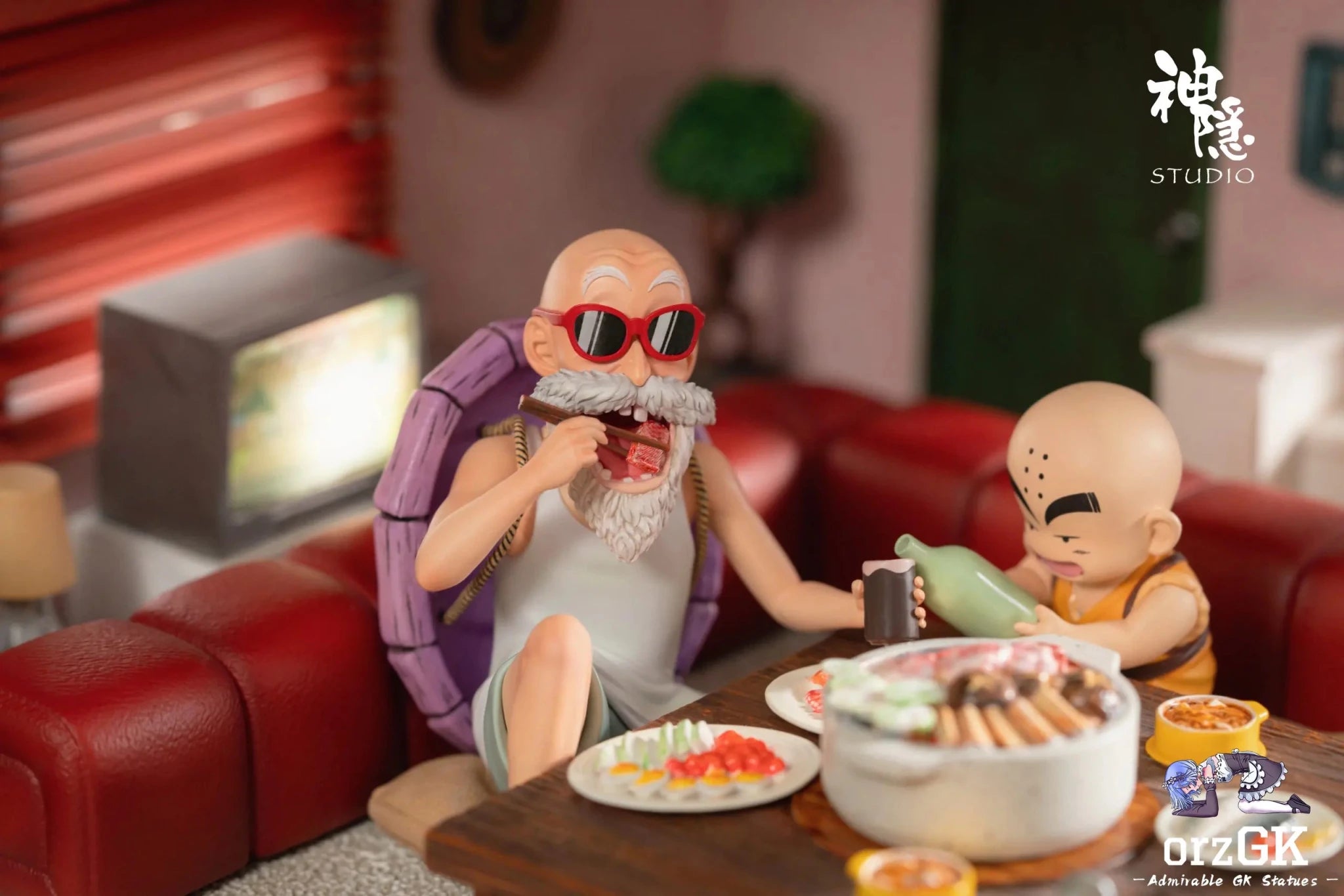Shen Yin Studio - Dragon Ball Food Series Kame House is open for dinner Son Goku & Master Roshi & Launch & Kuririn resin statue Navy Toys anime figure