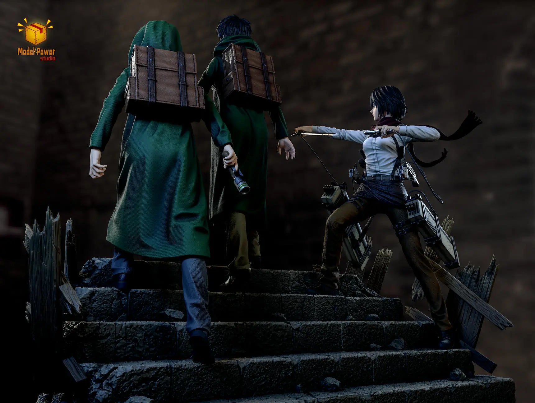 Model Power Studio - Attack On Titan The Basement Trio Mikasa & Armin & Eren resin statue Navy Toys anime figure