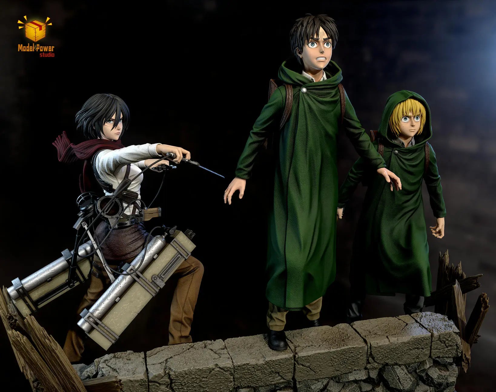 Model Power Studio - Attack On Titan The Basement Trio Mikasa & Armin & Eren resin statue Navy Toys anime figure