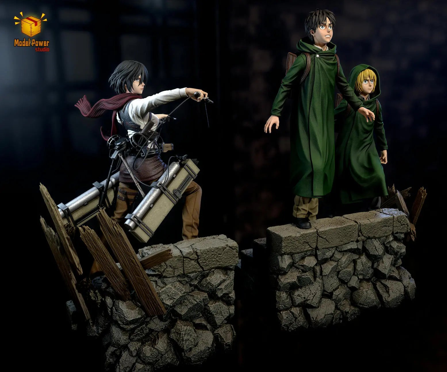 Model Power Studio - Attack On Titan The Basement Trio Mikasa & Armin & Eren resin statue Navy Toys anime figure