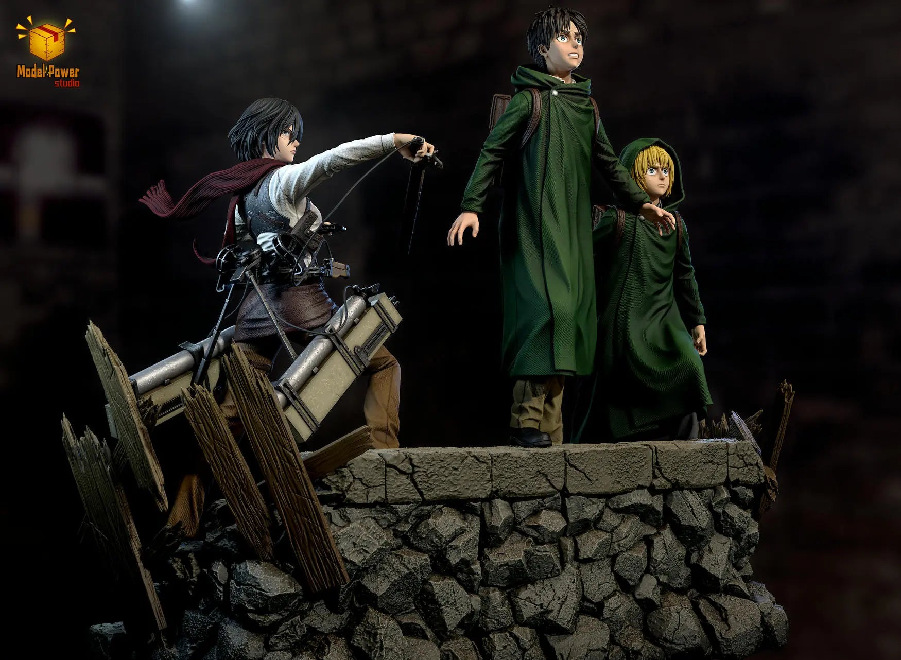 Model Power Studio - Attack On Titan The Basement Trio Mikasa & Armin & Eren resin statue Navy Toys anime figure