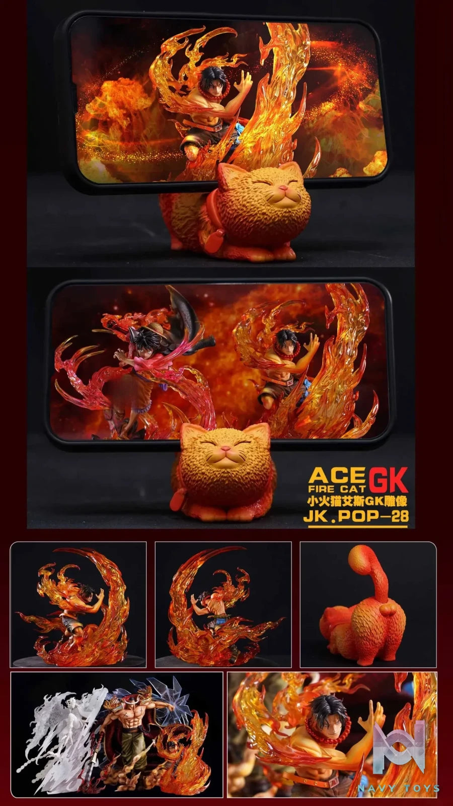 Jacksdo Studio – One Piece Portgas D. Ace Statue & Flame Kitten Cell Phone Holder