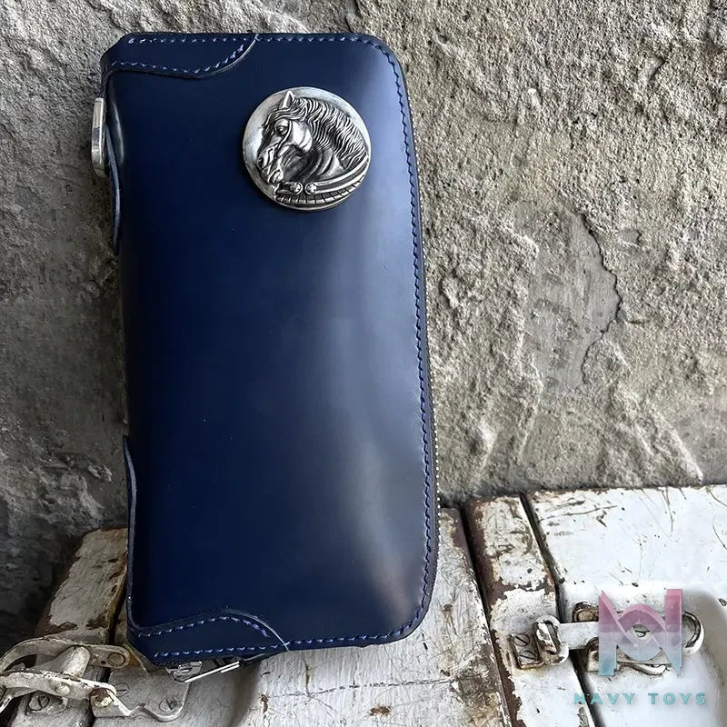 Raven Studio (silver jewelry) – Blue Cordovan Leather Multi-Card Slot Zipper Wallet Original