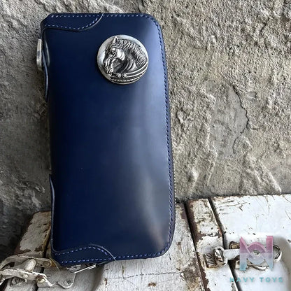 Raven Studio (silver jewelry) – Blue Cordovan Leather Multi-Card Slot Zipper Wallet Original