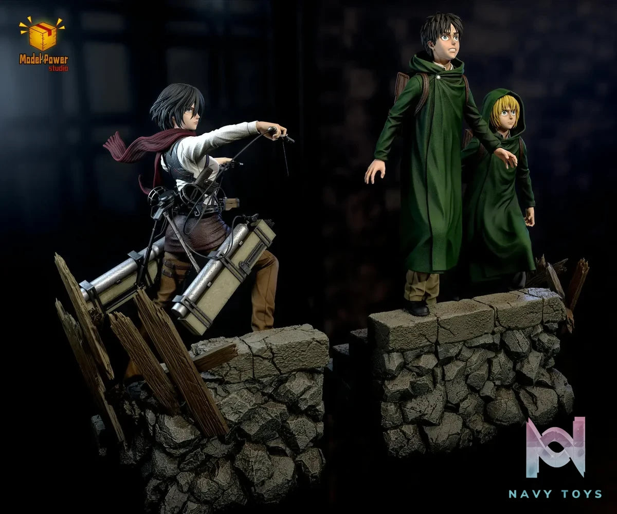 Model Power Studio - Attack On Titan The Basement Trio Mikasa & Armin & Eren resin statue Navy Toys anime figure