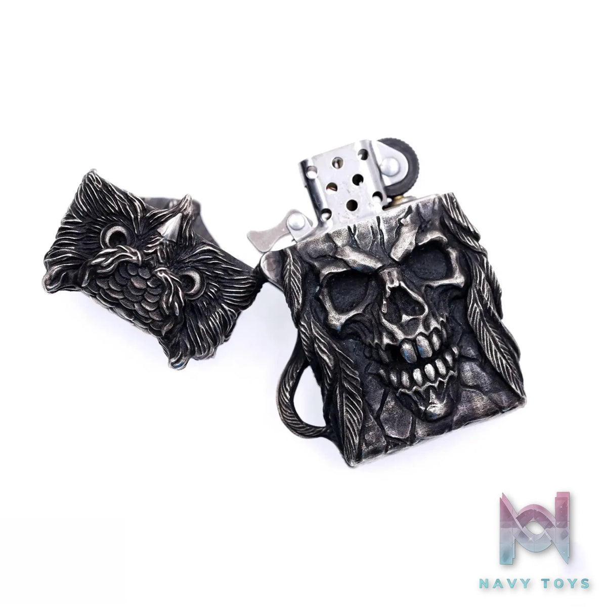 Raven Studio (silver jewelry) – “Existence” Indian Owl Skull Zippo Slim Lighter Case Original