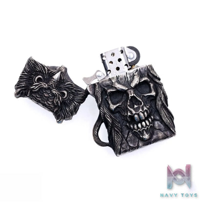 Raven Studio (silver jewelry) – “Existence” Indian Owl Skull Zippo Slim Lighter Case Original