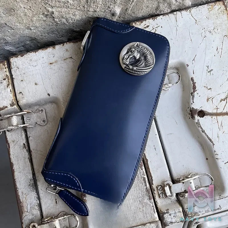 Raven Studio (silver jewelry) – Blue Cordovan Leather Multi-Card Slot Zipper Wallet Original
