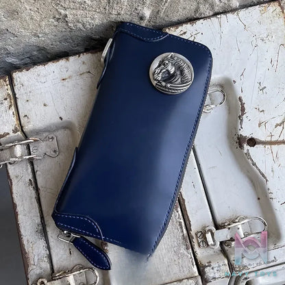 Raven Studio (silver jewelry) – Blue Cordovan Leather Multi-Card Slot Zipper Wallet Original