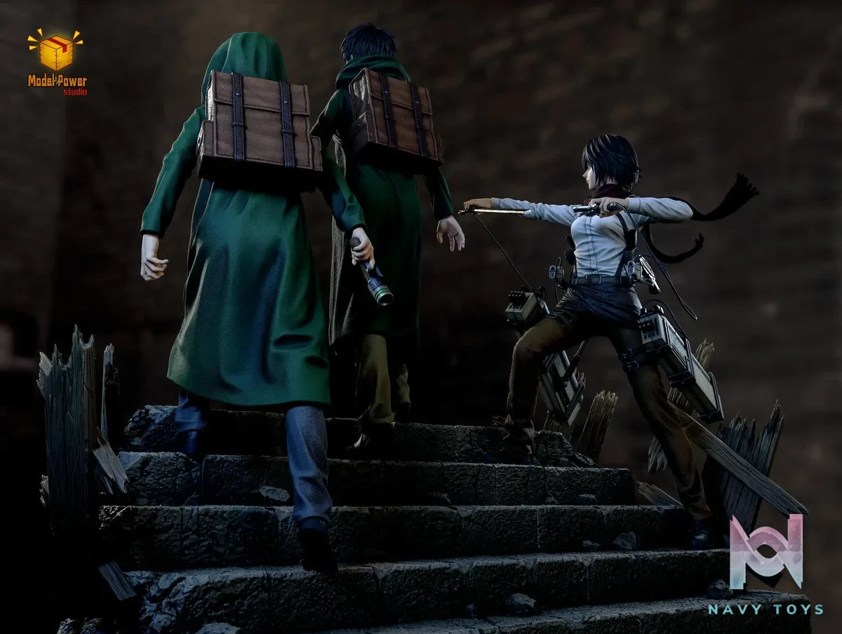 Model Power Studio - Attack On Titan The Basement Trio Mikasa & Armin & Eren resin statue Navy Toys anime figure