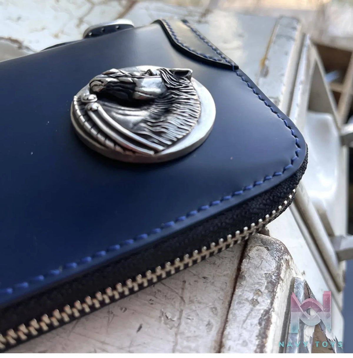 Raven Studio (silver jewelry) – Blue Cordovan Leather Multi-Card Slot Zipper Wallet Original